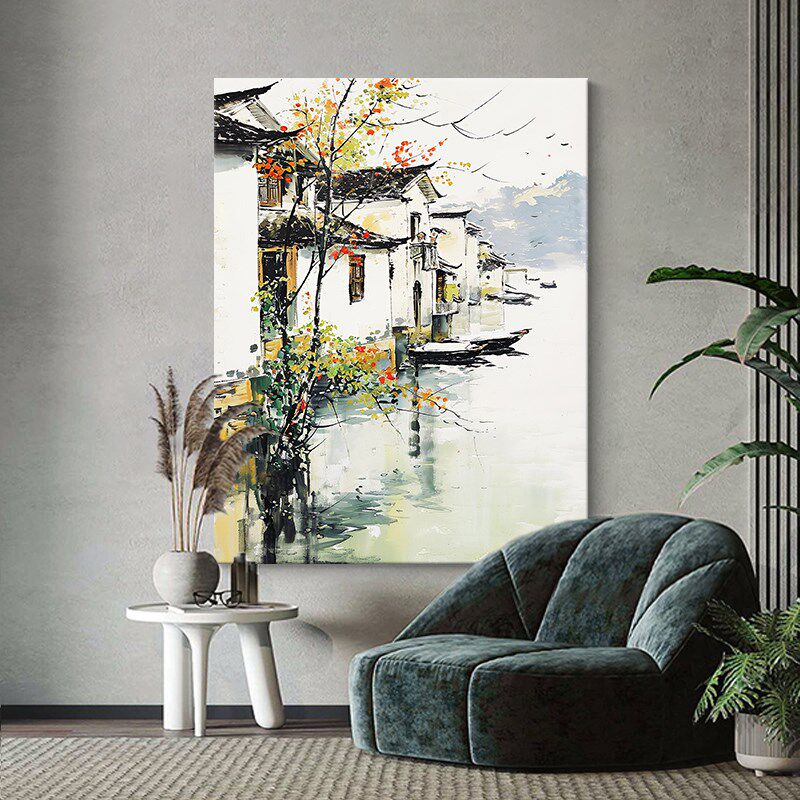 江南水乡山水风景客厅装饰画水墨画肌理感手绘油画办公室玄关挂画