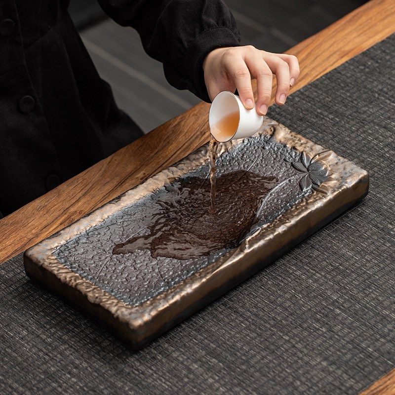 粗陶鎏金荷花茶盘长方家用功夫干泡盘储水排水两用茶海复古茶托盘,餐饮具,茶盘,淘宝优惠券,粉丝福利购,淘宝优惠卷