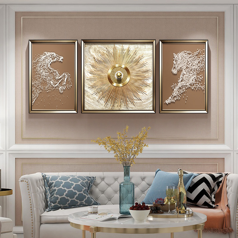 轻奢客厅沙发背景墙立体三联装饰画现代简约高级感挂画手绘马壁画