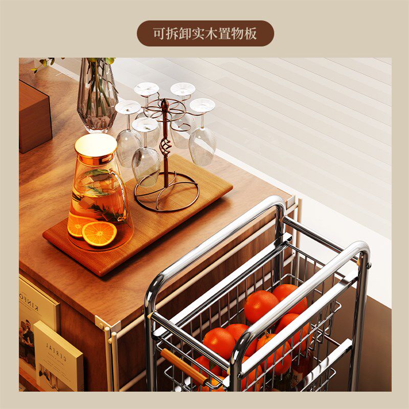 中古风可移动夹缝窄款沙发边几带轮推车小茶几客厅零食杂物收纳架