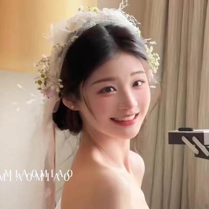 新款法式新娘头饰莫奈花园头纱花朵羽毛公主造型超仙森系发饰大气