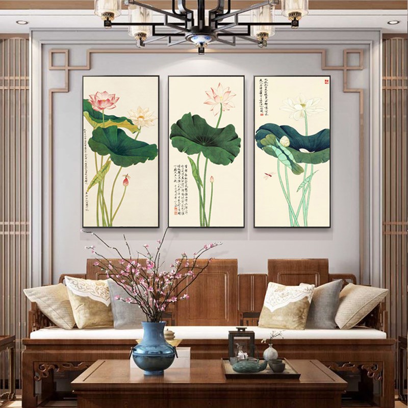 新中式客厅装饰画荷花沙发背景墙壁E画入户玄关走廊挂画国画三联图片