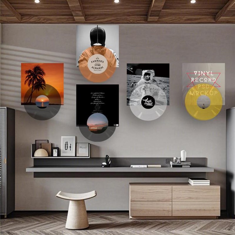 黑胶唱片装饰画客厅沙发背景墙面上下叠彩胶唱片卧室软装组合挂画