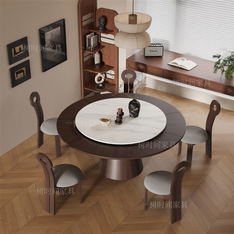 设计师款变形圆桌中古风实木旋转伸缩餐桌L小户型法式复古折叠饭