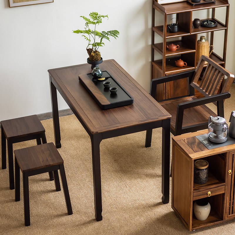 乌金木实木茶桌现代简约家用泡茶茶台餐桌两用客厅茶桌椅书桌组合