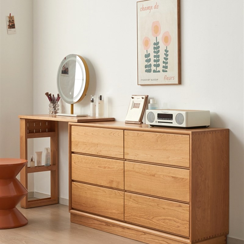 定制樱桃木多功能斗柜一体梳妆台现代实木书桌卧室L型转角化妆台