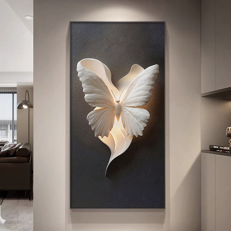 轻奢高级感入户玄关装饰画蝴蝶浮雕立体感走廊过道正对Y门砂岩挂