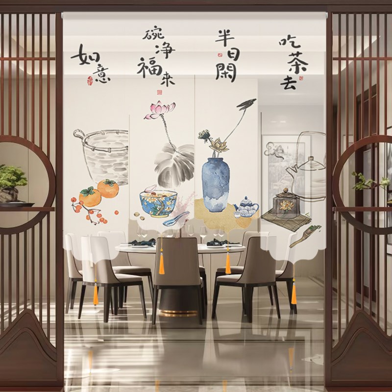 新中式半透遮光厨房餐厅窗户多片装饰帘门帘窗帘挂帘半帘短帘隔断
