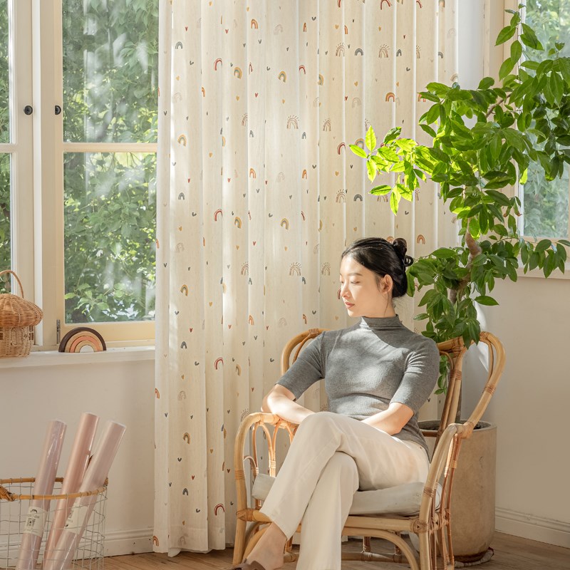 新款儿童房ins风透光不v透人彩虹爱心窗纱窗帘纱帘客厅卧室飘窗