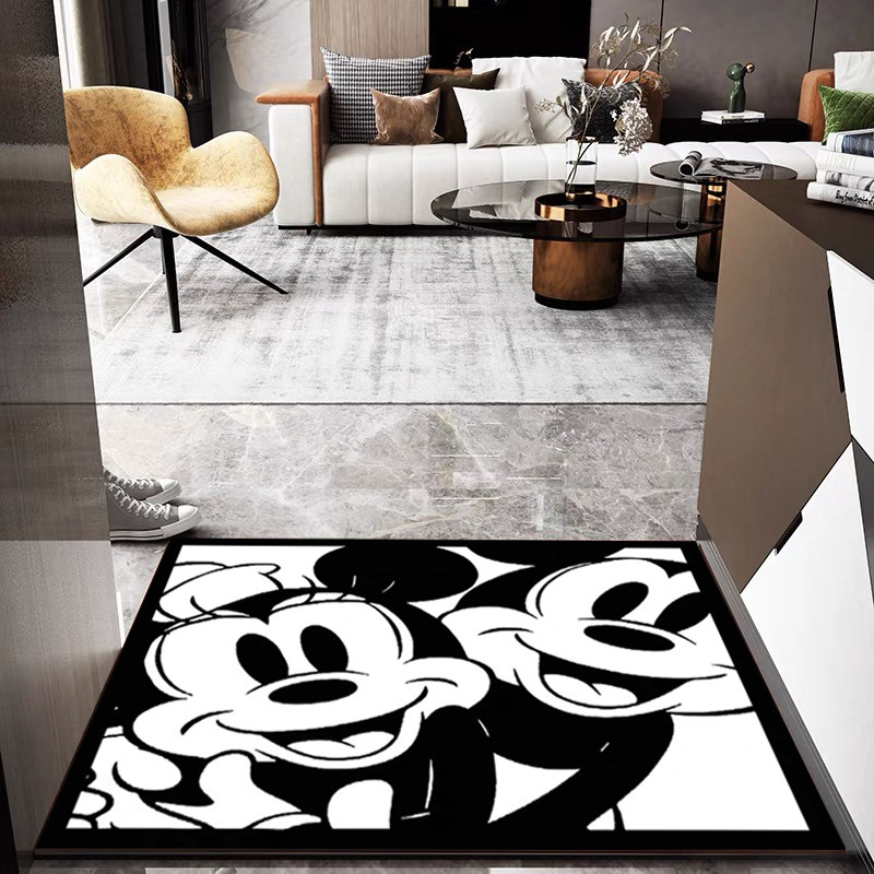 PVC可擦洗米奇米妮入户门垫黑白正方形皮革玄关地垫 懒人免洗家用