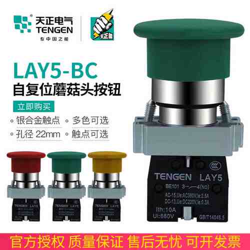 TENGEN天正 LAY5-BC35/45/31/41蘑菇头按钮开关NP2自复位红绿22孔