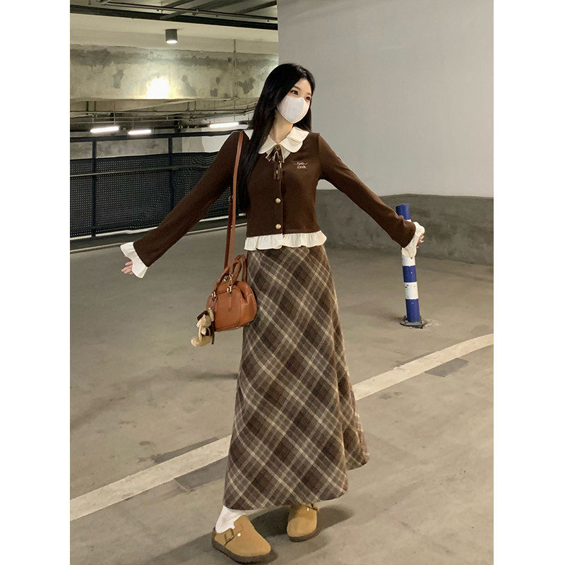 大尺码女装胖mm美拉德穿搭套装洋装早秋新款针织衫上衣格纹半身裙