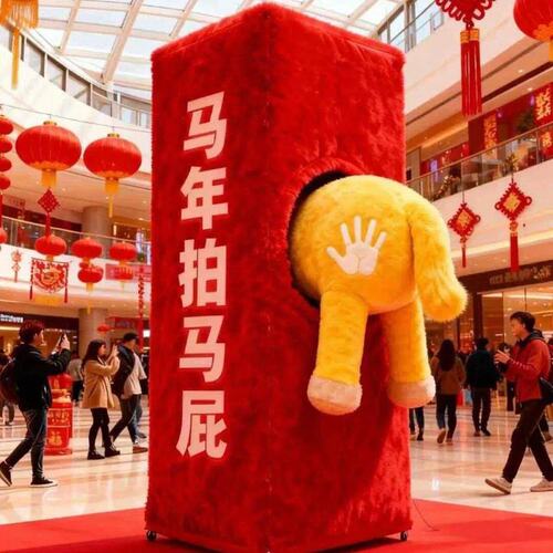 2026马年商场女装网红店橱窗门口打卡装饰氛围布置拍马屁毛绒道具