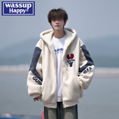 wassup 加厚保暖宽松百搭休闲棉服外套 happy羊羔绒连帽棉衣男冬季