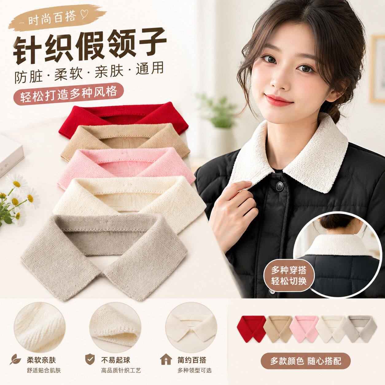 针织毛线假领子辅料新款方领翻领尖领亲肤柔软洋气棉衣通用防脏