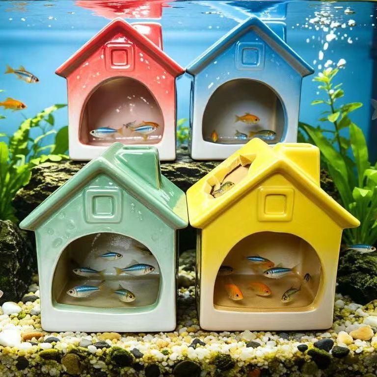 水族箱小鱼躲藏屋陶瓷躲避屋摆件鱼虾繁殖鱼缸造景装饰房子