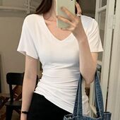 简约纯欲紧身收腰V领短袖 显瘦上衣 ins正肩修身 T恤女2024夏季 新款