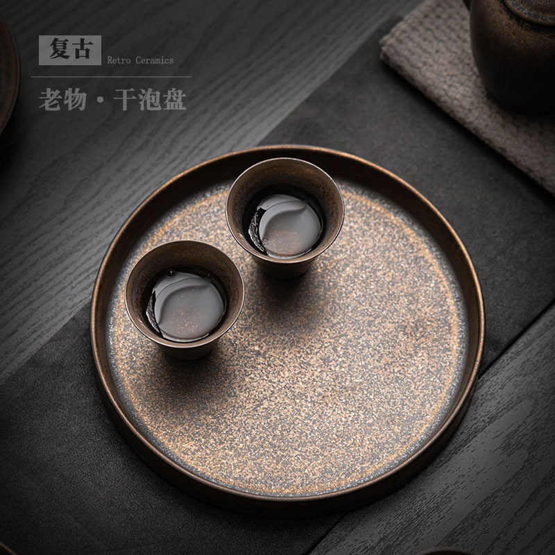 复古做旧陶瓷茶盘中式仿古干泡小茶台圆形收纳盘壶托壶垫泡茶壶承