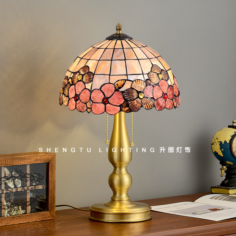 美式纯铜贝壳台灯床头灯 创意复古艺术欧式卧室客厅摆件装饰 跨境