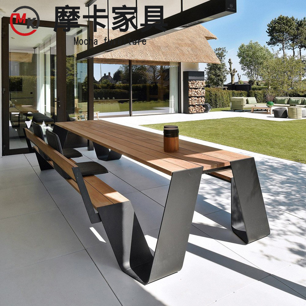 户外餐桌椅套连体长凳院子餐厅休闲露天庭院不锈钢外摆餐桌椅组合