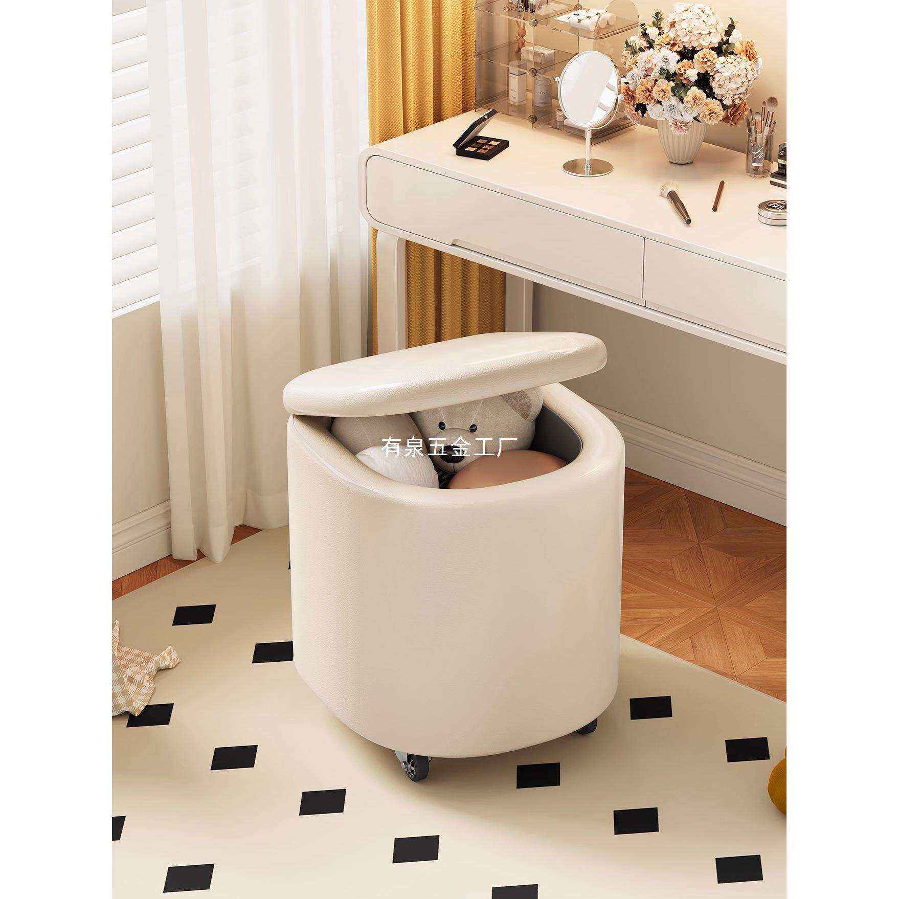 化妆凳可储物梳妆台凳子女生卧室奶油风旋转万向轮美甲椅方凳矮凳