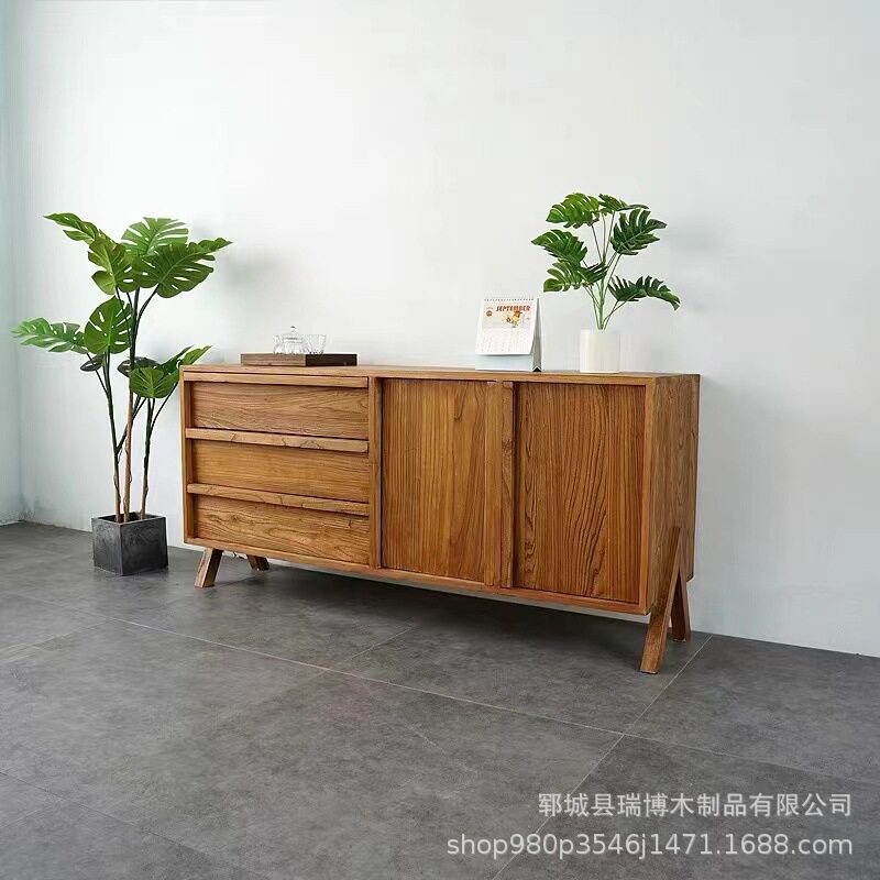 榆木餐边柜现代简约实木餐厅茶室茶水柜新中式免漆家具储物柜鞋柜