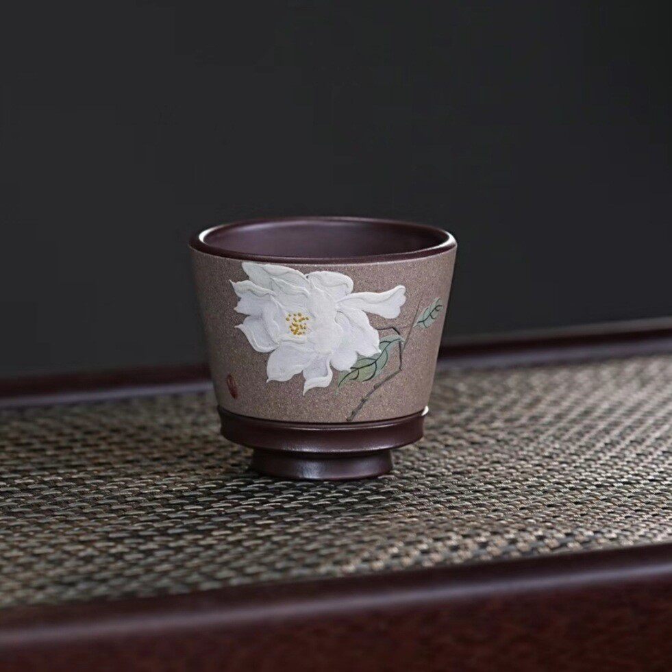 宜兴紫砂茶具 原矿紫泥泥料粉浆手绘白牡丹花主人杯品茗杯130毫升