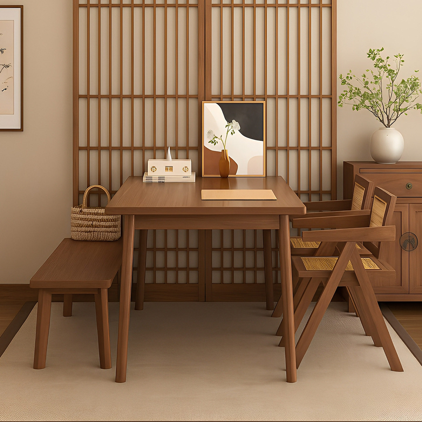 餐桌椅子家用中古风吃饭桌子胡桃木色简约长方形全实木餐桌椅组合