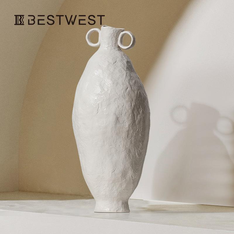 Bestwest黑白双耳大肚陶瓷花瓶摆件新中式家居客厅花器陶罐