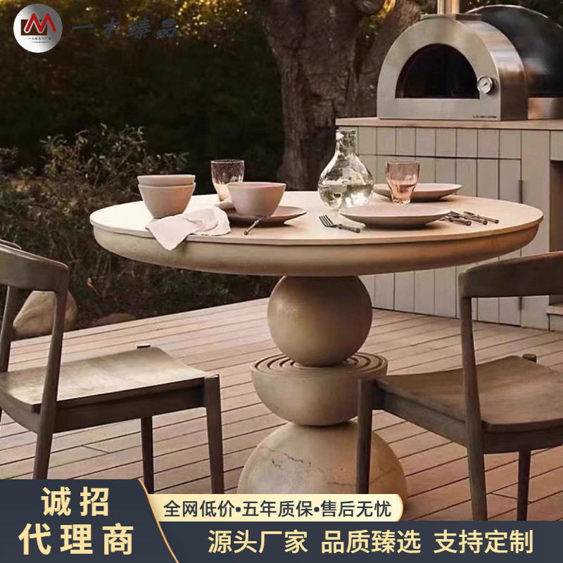 美式轻奢实木圆餐桌法式简约做旧实木餐台北欧叱咤风圆形饭桌圆桌