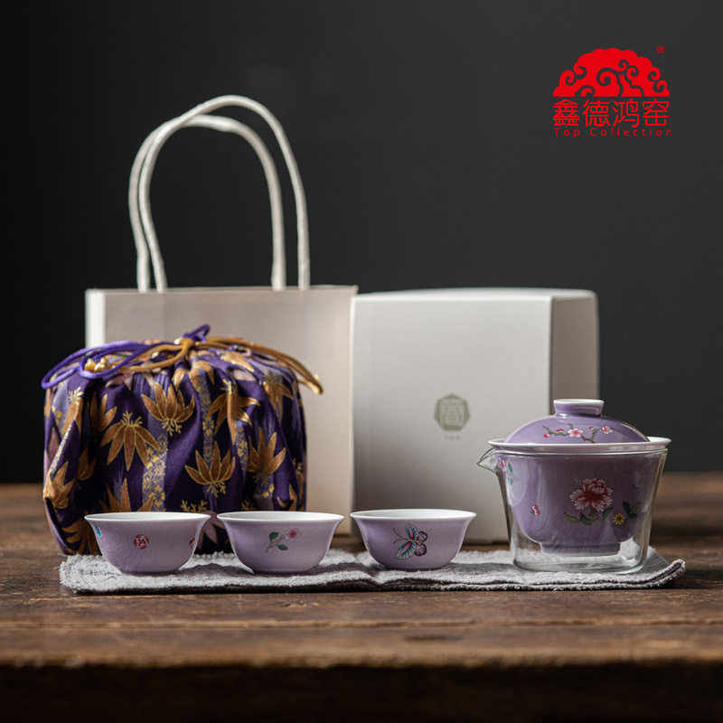 德鸿窑一壶三杯旅行茶具釉上彩蝶恋花户外车载便携式布袋陶瓷快客
