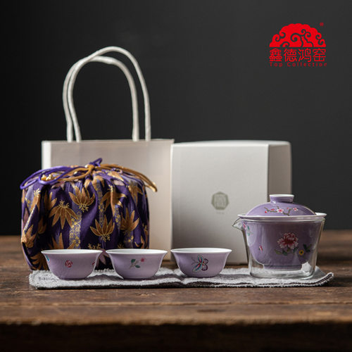 德鸿窑一壶三杯旅行茶具釉上彩蝶恋花户外车载便携式布袋陶瓷快客
