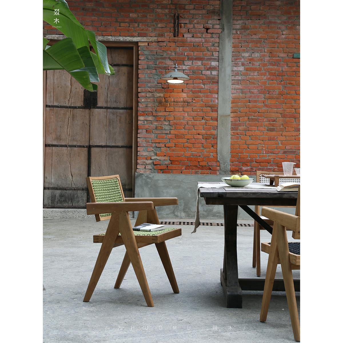 叕木|室外印尼柚木昌迪加尔餐椅扶手绳编民宿酒店户外露台庭院椅