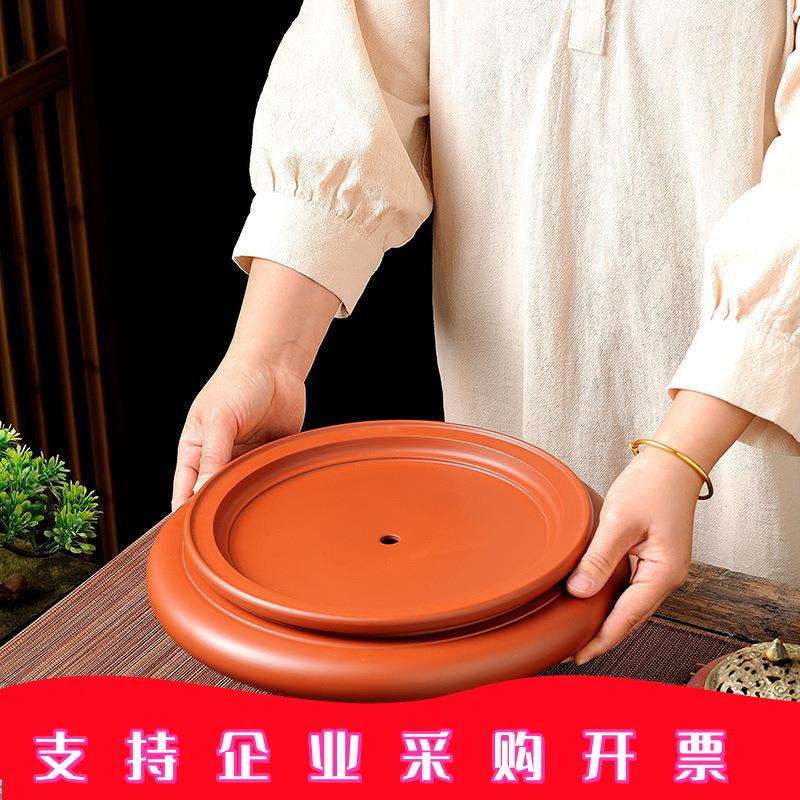 潮州手拉茶盘紫砂朱泥扁茶船章金权大师10英寸茶台全手工小干泡台