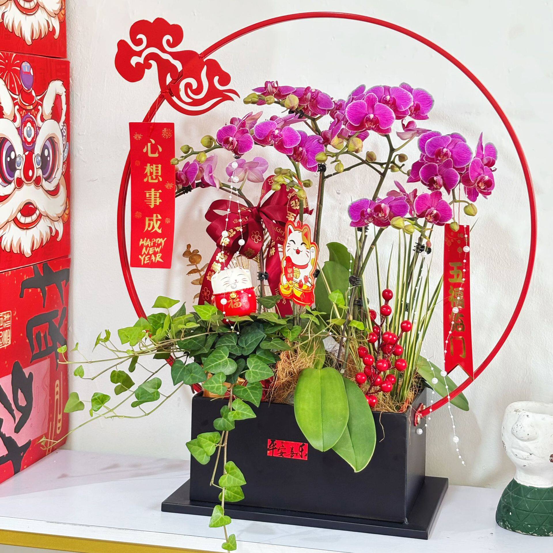 新中式大口径蝴蝶兰专用花盆提篮年宵花插花花器花篮大号摆件直销