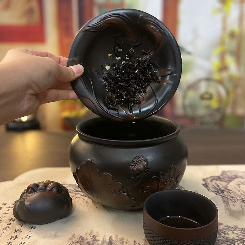 紫陶复古水盂茶洗建水茶渣分离废水缸家用大号粗陶过滤茶水茶渣缸