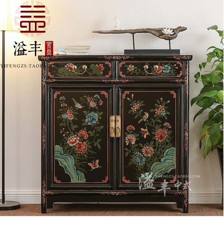 新中式实木鞋柜对开门彩绘做旧客厅玄关储物柜新古典餐边柜可订置
