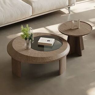 现代简约深木色茶几小户型组合大小圆形北欧轻奢公寓意式客厅家用