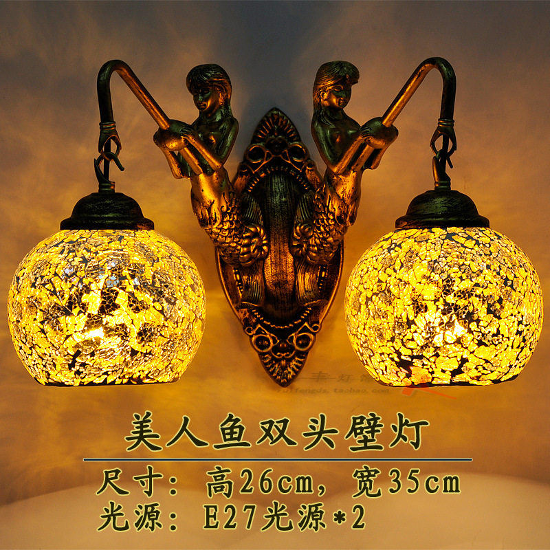 欧式复古双头美人鱼壁灯田园地中海卧室床头灯美式乡村镜前酒吧灯