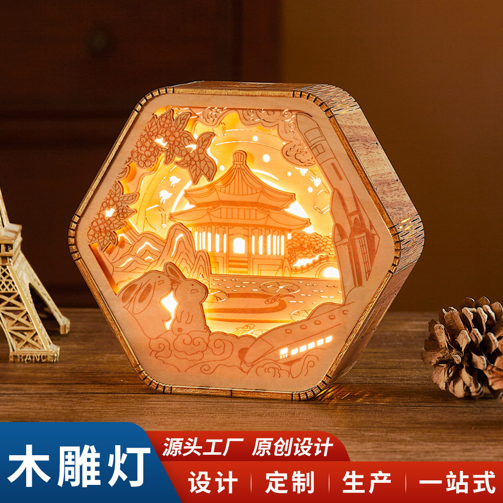 创意礼品 木雕灯中秋文创礼品投影氛围台灯LED小夜灯新年礼物定制图片