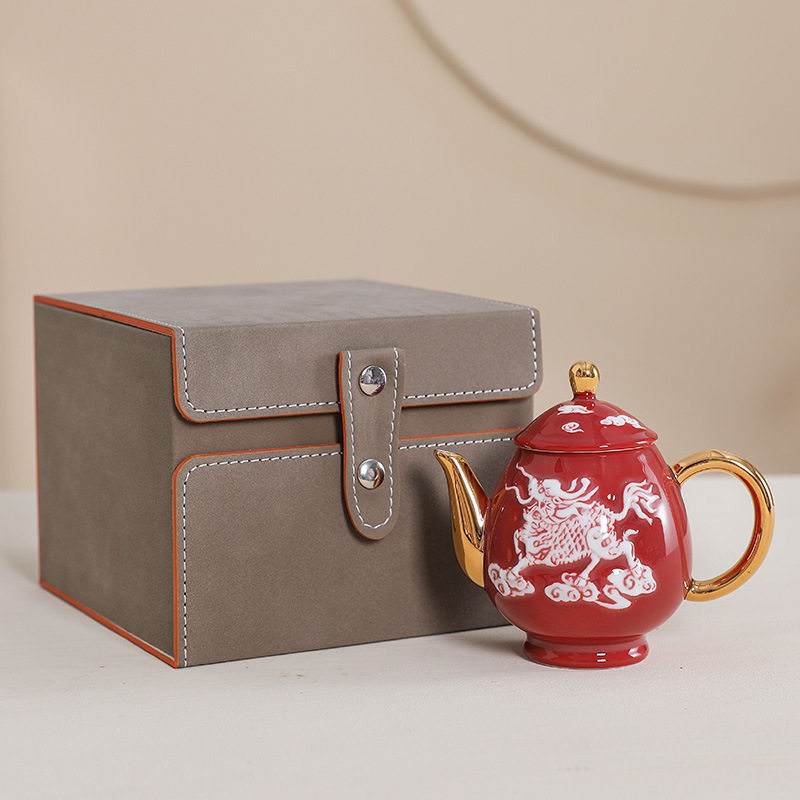 手工堆雕红釉茶壶陶瓷泡茶单壶家用茶具套装功夫白瓷泡茶壶批发