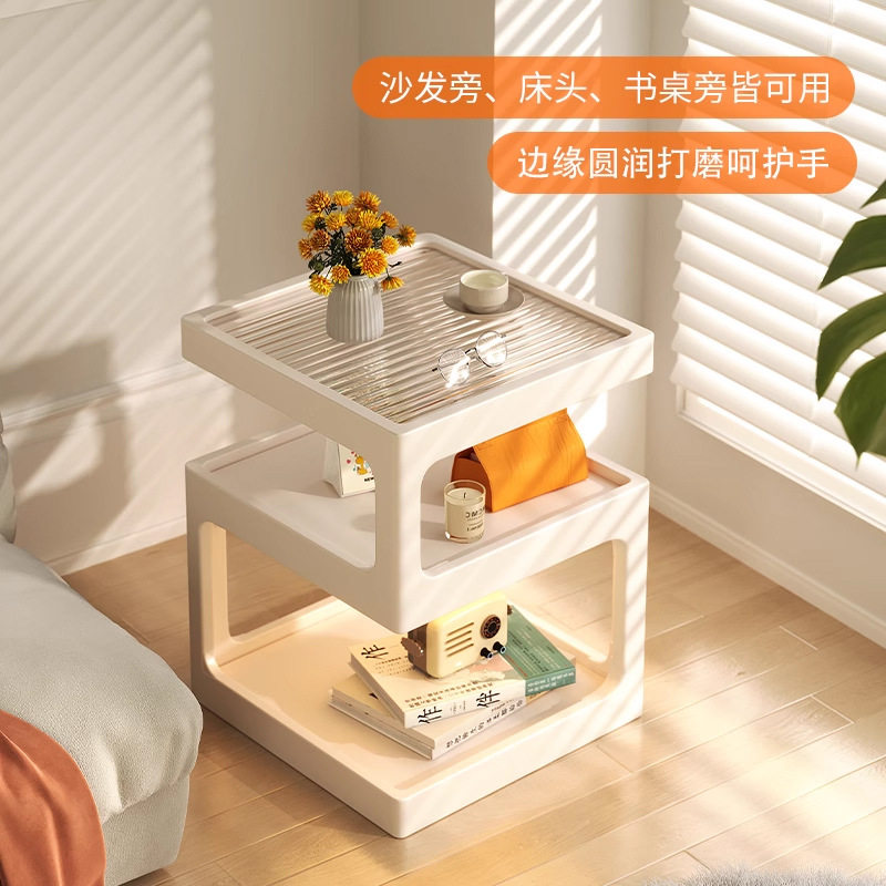 沙发旁实木玻璃落地窄缝收纳架
