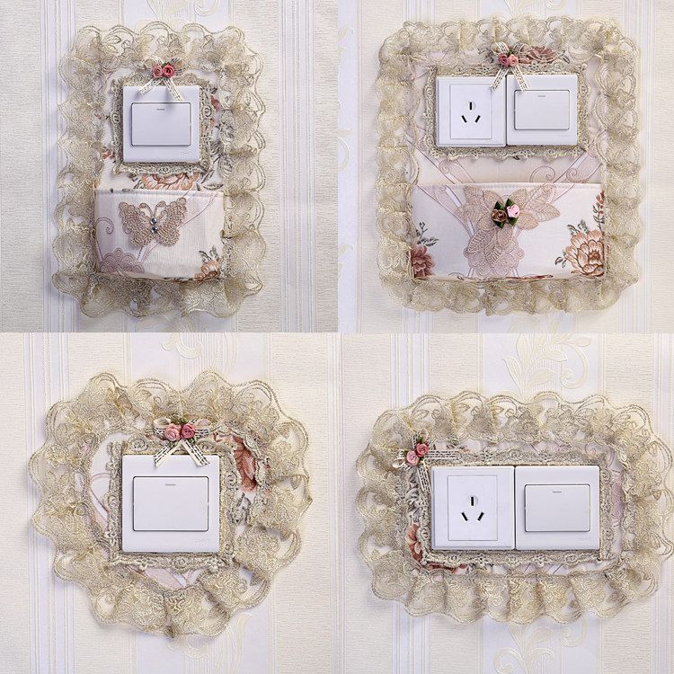 手机充电插座装饰套蕾丝带兜布艺单双开开关墙贴套