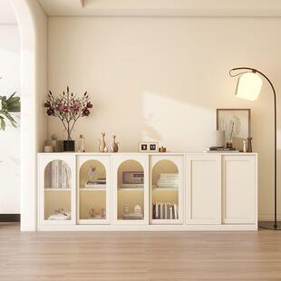 奶油风组合书柜小户型客厅家用落地矮柜带玻璃门收纳储物柜子