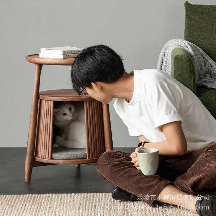 北欧实木小边几黑胡桃茶几桌沙发床头圆形创意角几猫窝屋