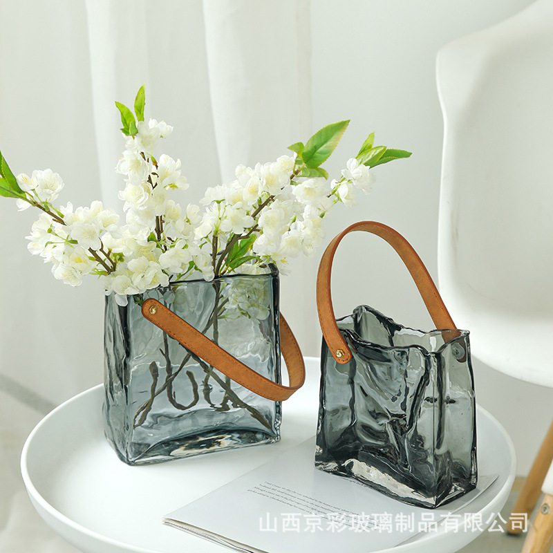 轻奢简约原色手提玻璃包花瓶水养插花客厅卧室餐桌电视柜装饰摆件