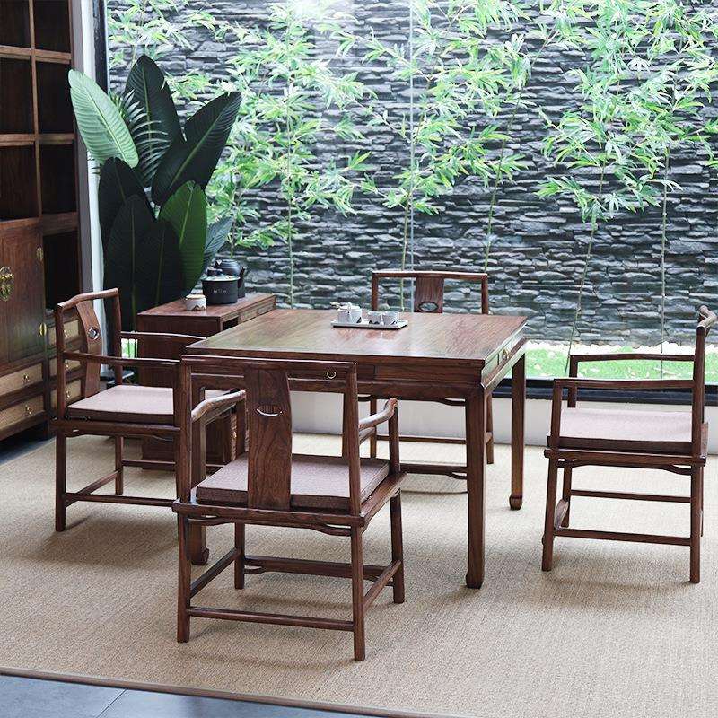 新中式全实木黑胡桃木八仙桌休闲区家用饭桌搭配茶水柜极简茶桌椅