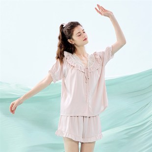 女款 夏法式 冰丝睡衣女夏季 2024新款 家居 宫廷风夏天夏款 V粉色短袖