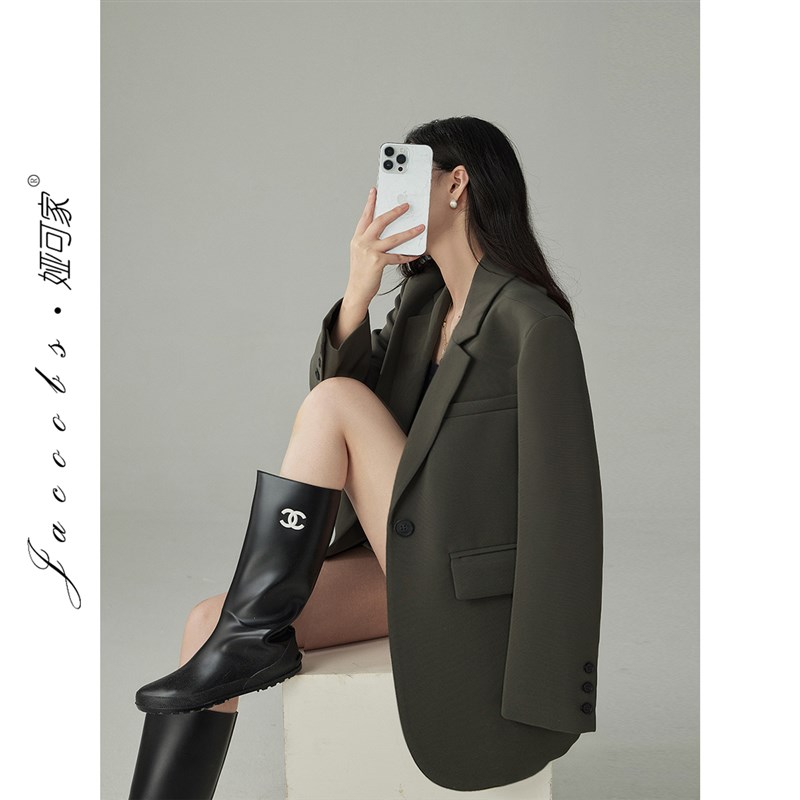 娅可家橄榄灰气质西装外套女春秋A设计感小众通勤休闲宽松面试西