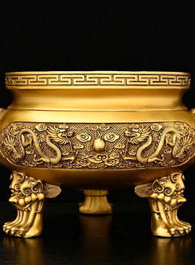 纯铜双龙香炉摆件龙戏珠三足圆鼎大号家用客厅桌面工艺品圆底炉